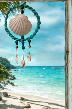 Colgante Meiga turquesa en ambiente natural Colgante artesanal Meiga turquesa decorando una ventana con vistas