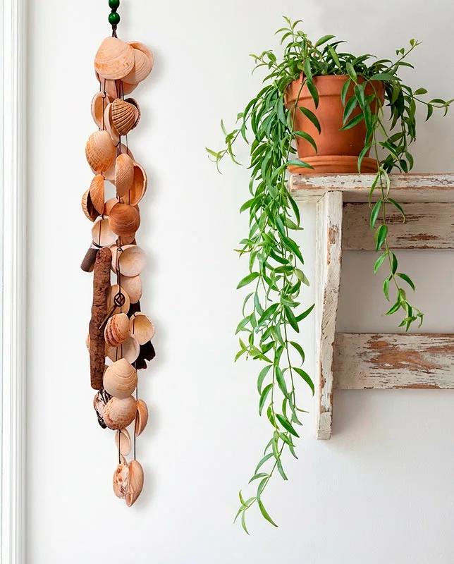 Colgante de conchas naturales con cuentas de madera sobre pared blanca.