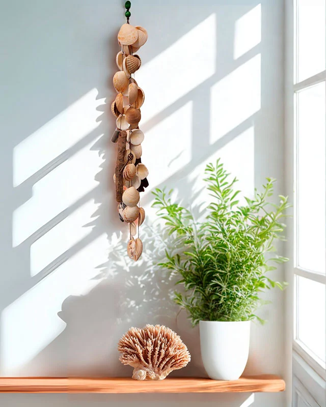 Colgante de conchas en pared iluminada por el sol junto a una planta.