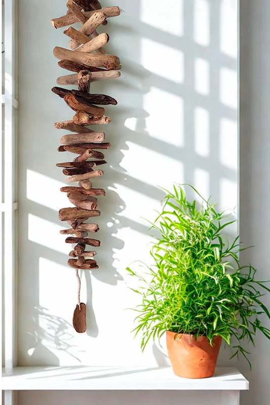 colgante-madera-varada-driftwood Guirnalda vertical con maderas de deriva en tonos tierra, típicos de la madera lavada por el mar.