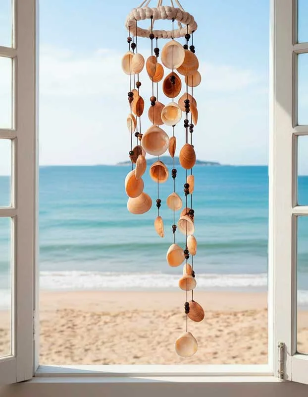 Colgante de techo con filas de conchas blancas en espiral, colgado frente a un ventanal.