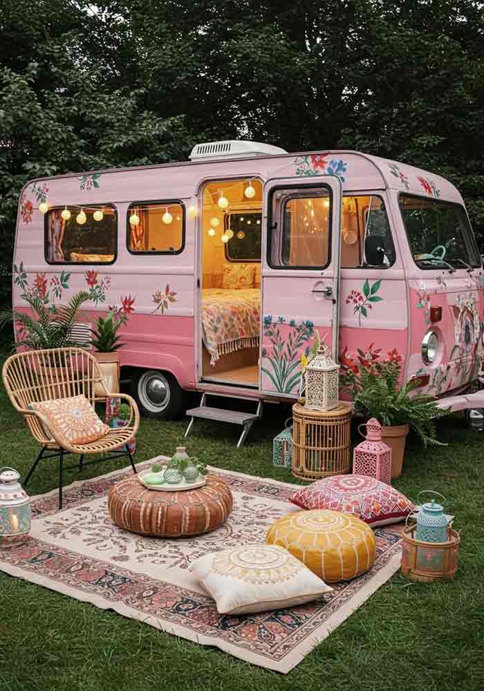 decoración exterior de caravana con luces cálidas y ambiente acogedor