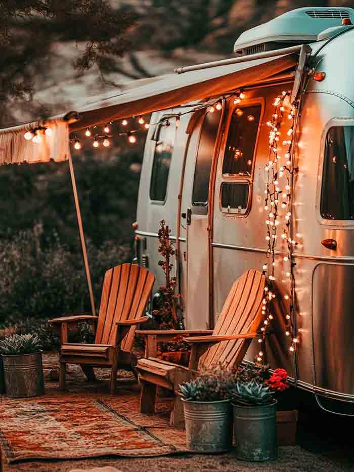 decoración de van con guirnaldas de luces y detalles acogedores
