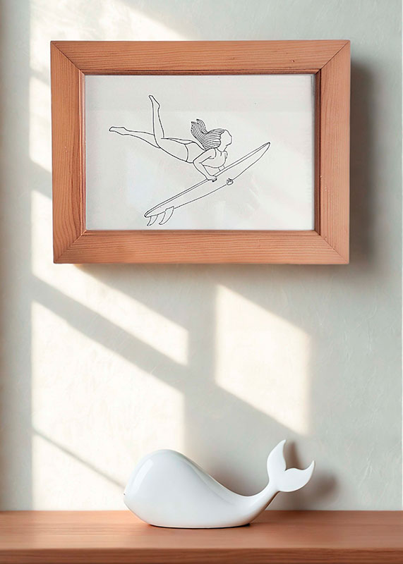 Ilustración de surfista haciendo la maniobra del pato bajo una ola transparente.