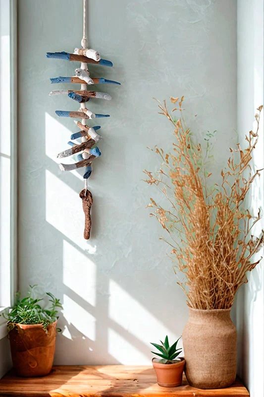 guirnalda-madera-varada-tonos-azules Guirnalda vertical con palos de madera en tonos blancos y azules con una pequeña corteza.