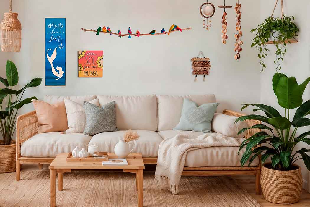 Decoración costera con objetos que evocan la playa y el mar.